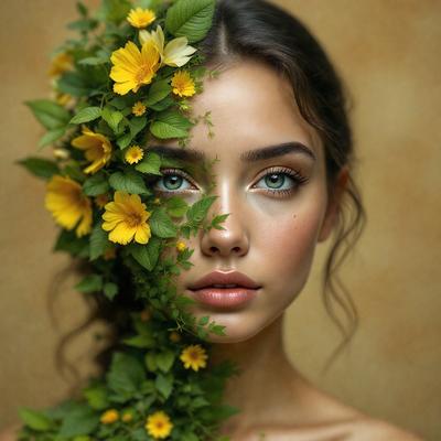 The primary subject of the image is a woman with a flower crown on her head. She is wearing a dress and has a beautiful smile. The setting is a garden, with a backdrop of greenery and flowers. The visual style is a combination of photo and digital art, creating a vibrant and lively atmosphere. The colors are predominantly green and yellow, reflecting the natural beauty of the garden.